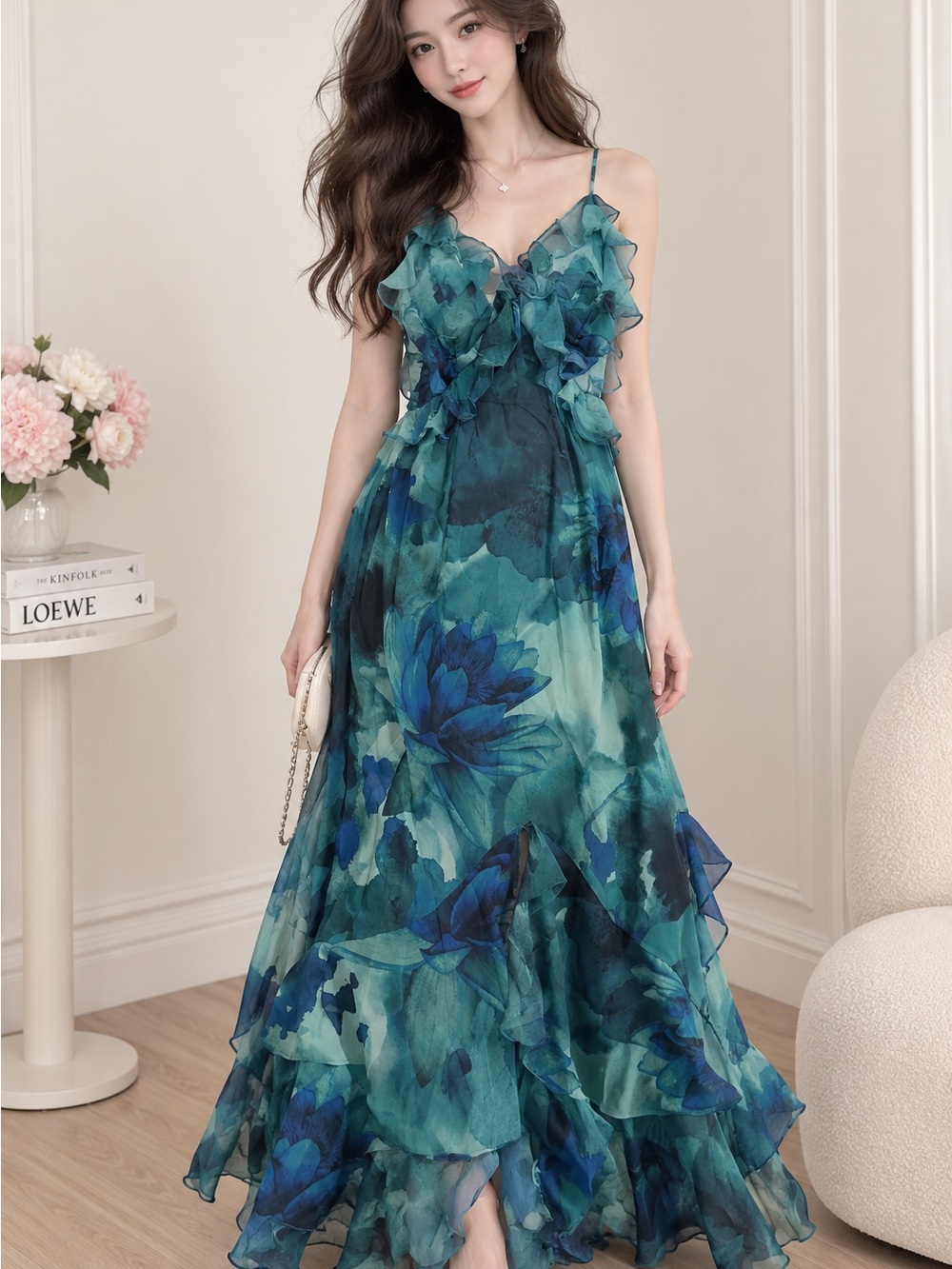 ADOR Blue Green Floral Ruffle Chiffon Maxi Dress Size S